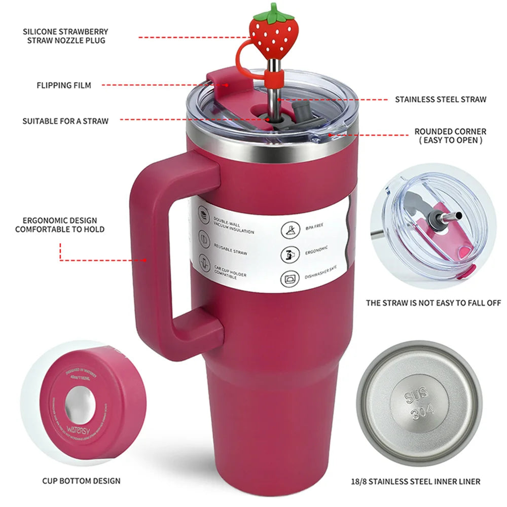 40 OZ Large Capacity Tumbler Stainless Steel Thermos Bottle with Handle & Straw Portable Insulated Cup Car Travel Ice Cup