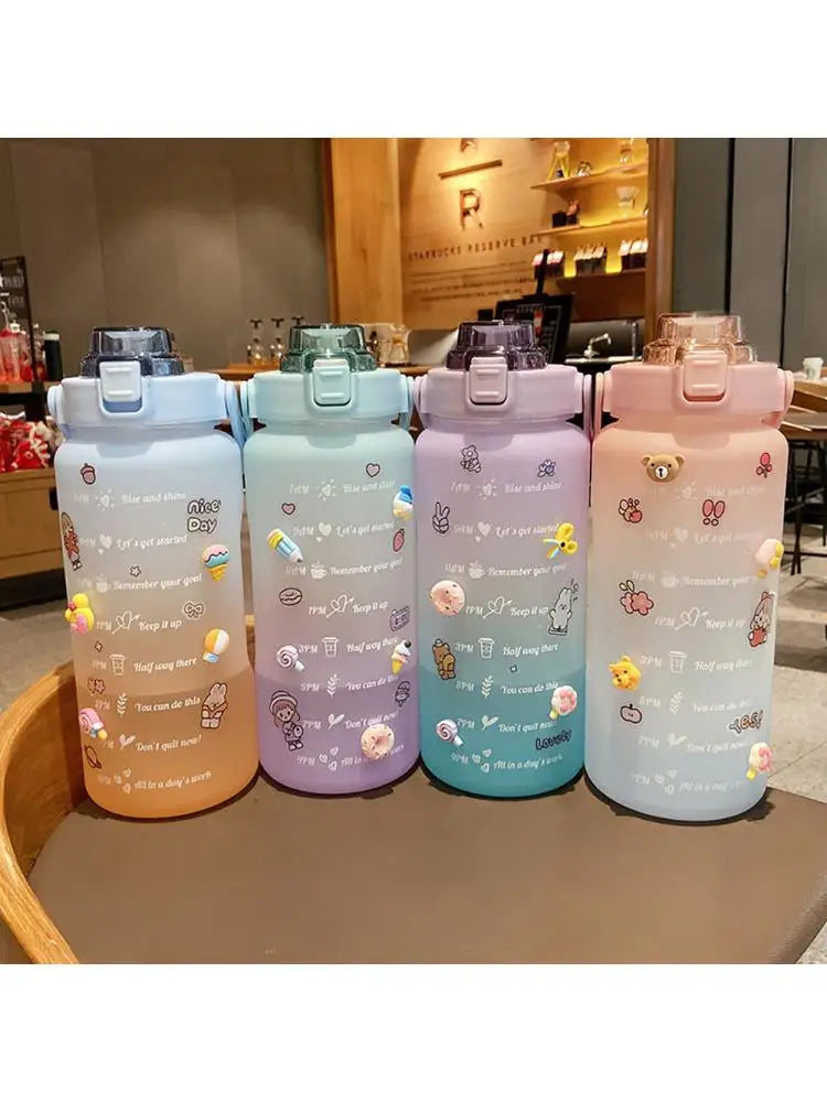 68 oz Large Capacity Gradient Color Water Bottle with Time Scale Reminder, Frosted Cup with Bounce Lid, Cute Stickers Included