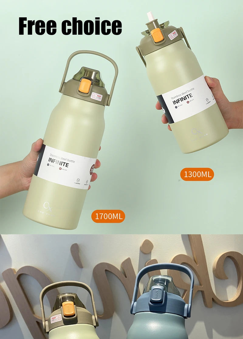 57 oz Large Capacity Thermo Bottle, Portable Stainless Steel Thermos for Hot and Cold Drinks, Outdoor Vacuum Flask Tumbler