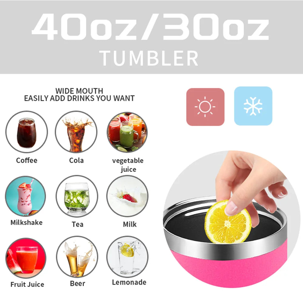 40 OZ Large Capacity Tumbler Stainless Steel Thermos Bottle with Handle & Straw Portable Insulated Cup Car Travel Ice Cup