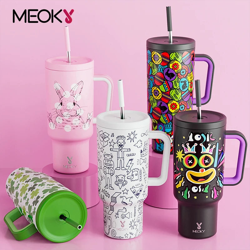 Meoky 40 oz Vacuum Cup Tumbler Straw Cup with Lid Stainless Steel Large Capacity Car Mug Leak-proof Juice Coffee Cup Food Grade