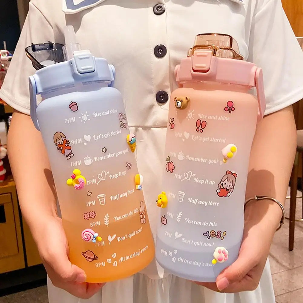 68 oz Large Capacity Gradient Color Water Bottle with Time Scale Reminder, Frosted Cup with Bounce Lid, Cute Stickers Included