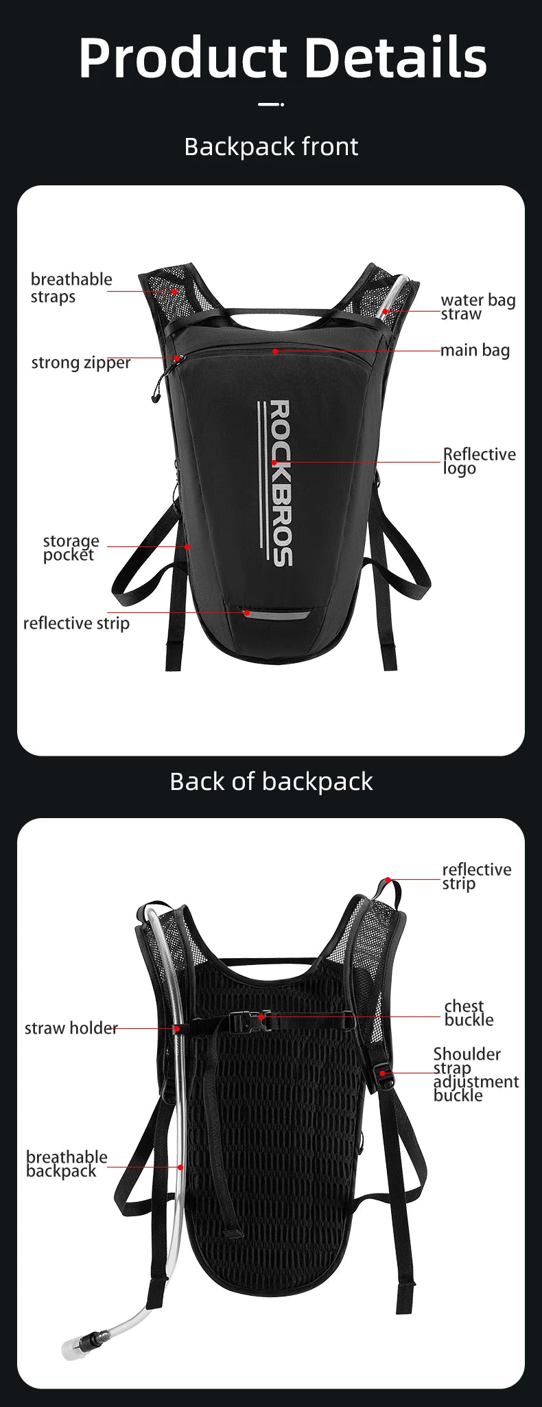 ROCKBROS Hydration Backpack with 68 oz Water Bladder, Reflective and Stable Running Vest for Riding and Outdoor Activities