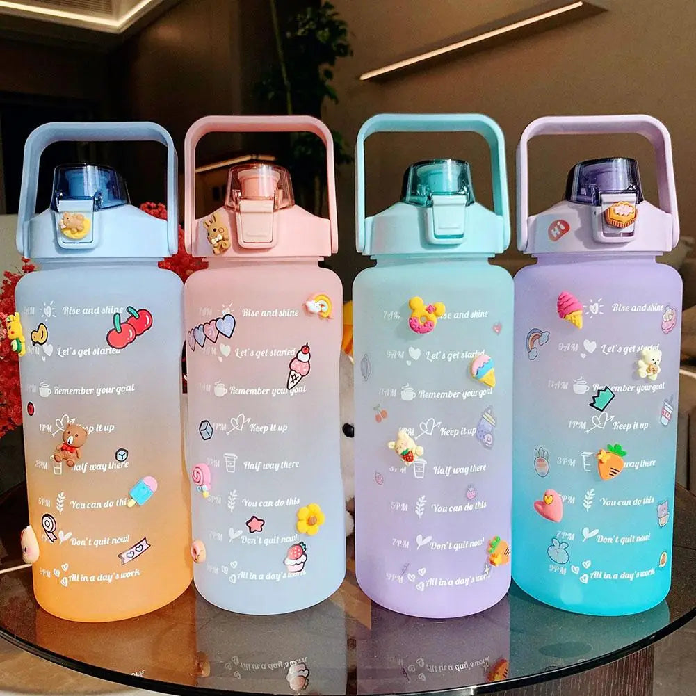 68 oz Large Capacity Gradient Color Water Bottle with Time Scale Reminder, Frosted Cup with Bounce Lid, Cute Stickers Included