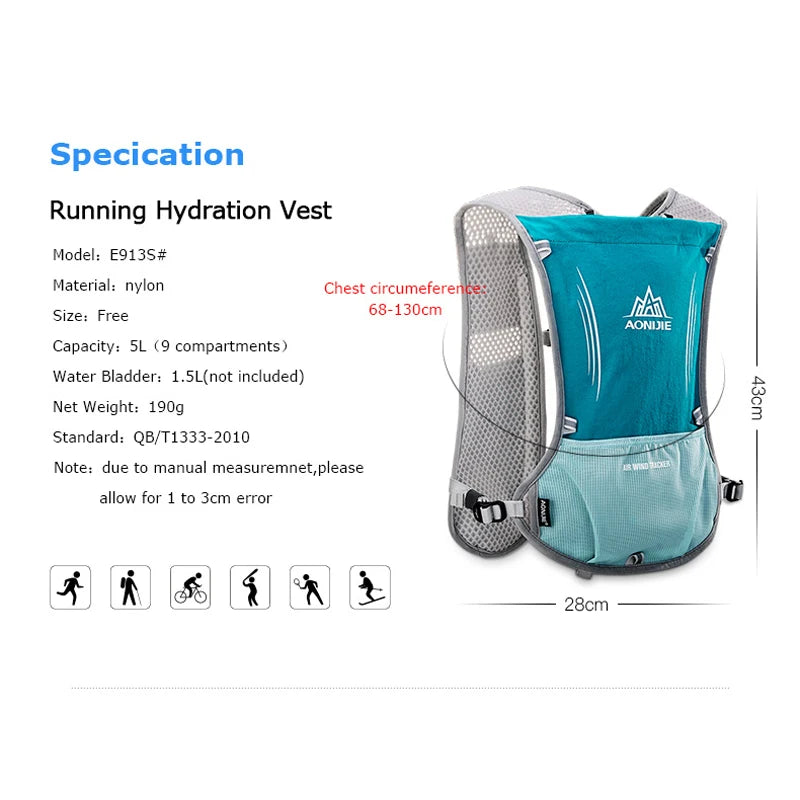 AONIJIE E913S 5L Hydration Pack Backpack Vest with 68 oz Water Bladder for Hiking, Running, Marathon, and Sports