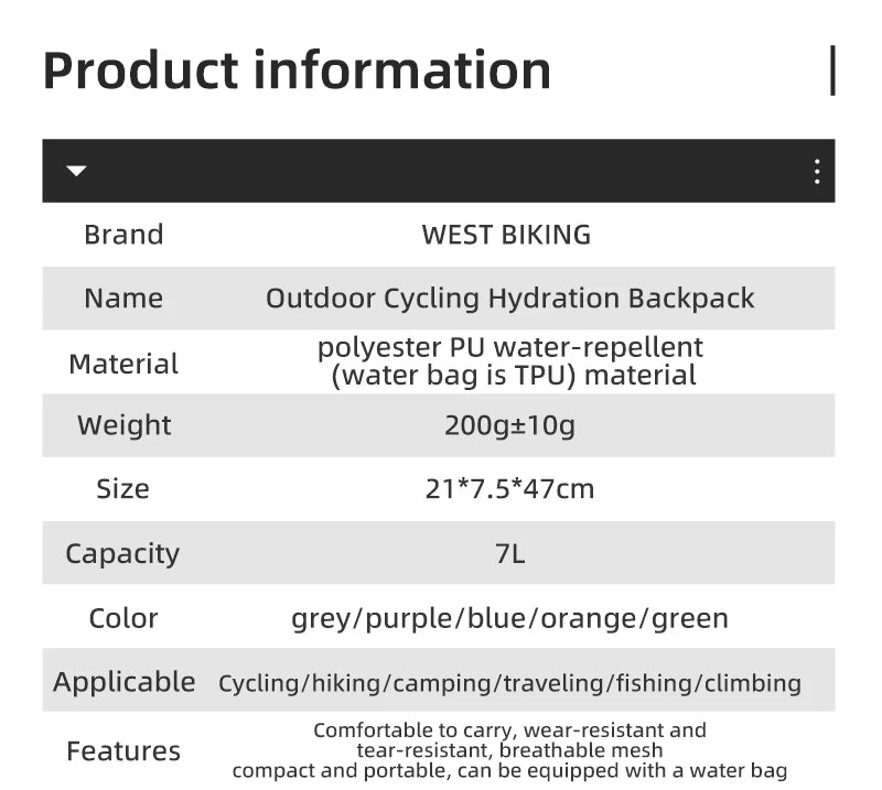 WEST BIKING 7L Portable Cycling Backpack, Breathable Hydration Bag for Running, Climbing, Hiking, and Outdoor Sports