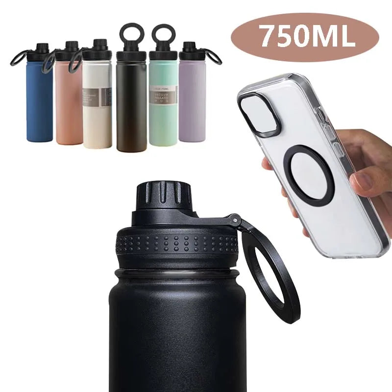 25 oz Stainless Steel Vacuum Bottle with Magnetic Bracket, Large Capacity Insulated Water Bottle for Travel and Sports