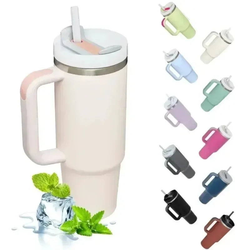 40oz Insulated Tumbler with Handle Straw Stainless Steel Water Bottle Vacuum Water Cold Warm Thermos Cup Coffee Mug Drinkware