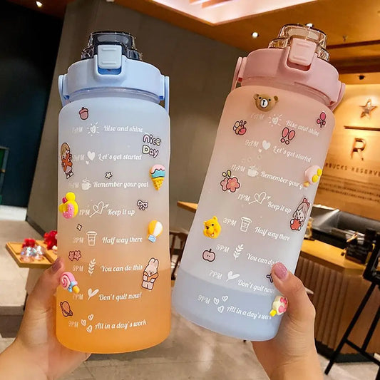 68 oz Large Capacity Gradient Color Water Bottle with Time Scale Reminder, Frosted Cup with Bounce Lid, Cute Stickers Included